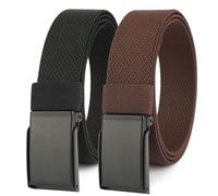 HOANAN 1.3” Men’s Stretch Belt, 2-Pack Flip-top Metal Buckle Golf Belt, Elastic Nylon Web Belt, Black + Coffee, Fit up to 42"