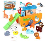 Hoarosall 27 Pcs Wooden Noah's Ark Toy for 1-3 Year Olds Baptism Christmas Birthday Gift Bilingual Bible Story Montessori Shape Sorter Christian Educational Toy for Boys Girls