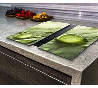 Hob Cover Chopping Board, Toughened Glass, Drops on The Green Background , Set of 2 , Va Art Glass (2X Wide 30 x Height 52/cm)