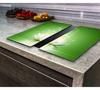 Hob Cover Induction Electric Cooker Chopping Board Glass, Lotus on the Green Background, 2 Parts (2x wide 30 x height 52 /cm)
