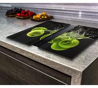Hob Cover Induction Electric Cooker, Chopping Board, Toughened Glass, Green Apples on the Black Background, Set of 2, Va Art Glass (2x wide 40 x height 52 /cm)