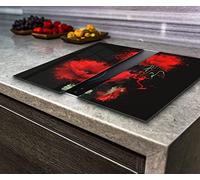 Hob Cover Induction Electric Cooker, Chopping Board, Toughened Glass, Red Flowers on the Black Background, Set of 2, Va Art Glass (2x wide 40 x height 52 /cm)
