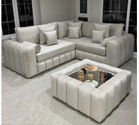 HOB Furniture L Shaped Oyster Oxford Corner Sofa 2 Arms - Sofa With Coffee Table - 7ftx7ft in Off-White HOB Furniture Off-White