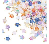 HOBBIESAY 100Pcs Small Colorful Star Dangle Pendants Mixed Color Dangle Glass Star Charms Tiny Smooth Pentagram Charms End Drop Beads with Golden Brass Loop for DIY Jewelry Making Hole 1.6mm