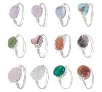 HOBBIESAY 12 Pcs 12 Styles Silver Stone Crystal Copper Wire Wrapped Finger RingS Natural Gemstone Irregular Colorful Gem Ring Chakra Crystal Ring for Women Wedding Christmas Birthday Gift 17mm Dia