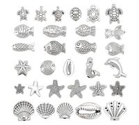 HOBBIESAY 120Pcs 30 Styles Antique Silver Fish Beads Tibetan Style Sea Animal Beads Vintage Ocean Animal Spacer Beads for Bracelet Necklace Keychain Jewelry Making Hole: 1.5-2mm