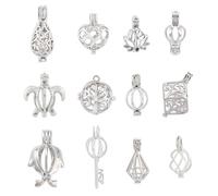 HOBBIESAY 12Pcs 12 Styles Brass Bead Cage Pendants Open Hollow Cage Charms Hollow Filigree Cage Charms Chime Ball Pendants Sea Turtle Charm for DIY Necklaces Jewelry Making Supplies-Platinum