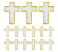 HOBBIESAY 15Pcs Chenille Cross Patches Decorative Gold Border Cross Patches Iron on Crosses Repair Patch Sewing Patch White with Gold Edge for Cloth Sewing DIY Accessories 2.28x3.19 Inch