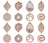 HOBBIESAY 16Pcs 8 Styles Wooden Monster Leaf Pendants Undulating Hollowed Out Round Brown Wood Geometric Rhombus Drop Filigree Charms for Earring Necklace Bracelet Jewelry Making DIY