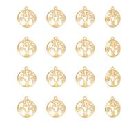 HOBBIESAY 16pcs Tree of Life Charms 18k Gold Plated Dangle Pendant 15mm Flat Round Hollow Charm for DIY Bracelet Necklace Keychain Jewelry Making Findings