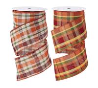 HOBBIESAY 19.68 Yards 2 Rolls Fall Wired Edge Plaids Ribbons Autumn Orange Plaids Ribbons Fall Gingham Check Ribbon Decorative Ribbon Trim for DIY Gift Wrapping Wreath Tree Bow Decoration