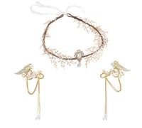 HOBBIESAY 1Pc Fairy Flower Leaf Crowns 1 Pair Elf Earrings Golden Elven Princess Tiara Flower Pearl Elven Ear Cuffs for Women Fantasy Fairy Halloween Costume Cosplay Wedding Handcraft