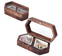 HOBBIESAY 1Pcs Wooden Ring Box Double Ring Display Cases with Beige Velvet Inside Velvet Lined Jewelry Boxes Hexagon 2-Slot Ring Storage Boxes with Transparent Lid for Engagement Wedding Gift