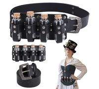 HOBBIESAY 1Set Black Medieval Embossed Alchemy Faux Leather Buckle Belt with 4 Cork Vials 57.6 Inch Adjustable Fantasy Wizard Potion Bottles Belt Medieval Alchemy Costume Vials Cosplay Accessories