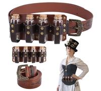 HOBBIESAY 1Set Saddle Brown Medieval Alchemy Costume Embossed Alchemy Faux Leather Buckle Belt with 4 Cork 57.6 Inch Adjustable Fantasy Wizard Potion Bottles Belt Vials Cosplay Accessories