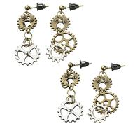 HOBBIESAY 2 Pairs Antique Clock Gear Wheel Earrings Punk Styles Gear Stud Earring Vintage Steampunk Clockwork Dangle Drop Earrings Mixed Color for Women Daily Festival Decoration 0.77x1.42 Inches