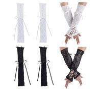 HOBBIESAY 2 Set 2 Color Fingerless Gloves Steam Punk Goth Witch Long Elbow Warmer Lace Sleeves Lolita Gothic Tulle Ballet Tie-Up Gloves for Dress up Cosplay Wedding 80s 90s Carnival