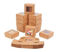 HOBBIESAY 20pcs Craft Folding Boxes Square Paper Box with PVC Window Presents Brown Boxes Bulk for Wedding Birthday Party Jewelry Candy Cookies Boxes Decorative,Size:2.6x2.6x1.2inch