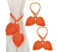 HOBBIESAY 2Pcs Adjustable Natural Wooden Bead Curtain tie Double Leaves Drapery Holdbacks Orange Boho Curtain Tie Backs Hand Knitting Cotton Curtain Holdbacks for Window Decoration