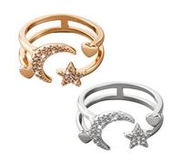 HOBBIESAY 2Pcs Moon Star Rhinestone Band Ring Size 6-8 Adjustable Moon Star Heart Finger Rings Minimalist Crystal Open Ring Set Gold Silver for Women Wedding Birthday Party Decoration