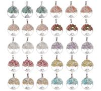 HOBBIESAY 30Pcs 10 Colors Tree of Life Charms Gemstone Charm Gemstone Tree of Life Charms Natural Alloy Flat Round Mixed Stone for for Keychain Jewerly Gift Decor Hole:6x4mm