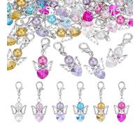 HOBBIESAY 30Pcs 6 Styles Angel Fairy Charms Heart Beads Dangle Charm Colorful Angel Wing Pendants Mixed Color Glass Pendants Lobster Claw Clasps for Women DIY Jewelry Making Craft 43mm Long