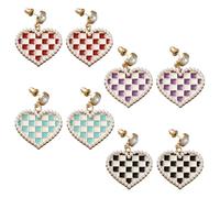 HOBBIESAY 4 Pairs Heart Checkerboard Earrings with Imitation Pearl Heart Pearl Dangle Stud Earrings Love Shape Checkerboard Earring Vintage Earring Accessories in Mixed Colors 1.46x1.06inch