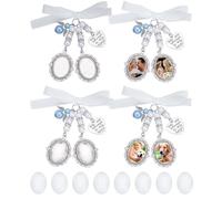 HOBBIESAY 4 Sets Wedding Bouquet Photo Charm 85mm Alloy Wedding Bouquet Pendant Decorations With Clasps and Oval Glass Cabochon Holders With Bow-Knot Styled Pendent Antique Silver for Wedding Party
