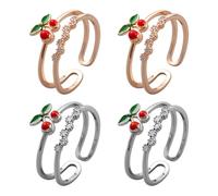 HOBBIESAY 4Pcs 2 Colors Adjustable Cherry Open Rings Size 10-12 Layered Cherry Rhinestone Finger Rings Minimalist Fruit Band Ring Platinum Rose Gold for Women Birthday Party Christmas Jewelry