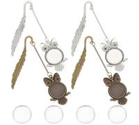 HOBBIESAY 4Pcs 2 Colors Halloween Feather Owl Metal Bookmark Alloy Bookmarks with Chain Tibetan Style Bookmark with Cabochon Bezel 3D Vintage Bookmarks for Book Lovers DIY Bookmark Making