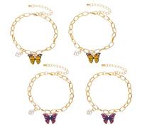HOBBIESAY 4Pcs Butterfly Pearl Bracelet for Women Adjustable Butterfly Pearl Beacelet Set Bohemian Chain Bracelets Alloy Stackable Bracelets Brown Purple for Women Jewelry Gift 7.13 Inch