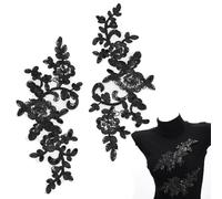 HOBBIESAY 4Pcs Embroidery Sequin Lace Appliques Black Leaf Flowers Patches Polyester Decorative Floral Appliques Dress Gown Sewing Decorations for Fabric DIY Crafting 24x10x0.15cm