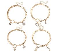 HOBBIESAY 4Pcs Gold Bracelets for Women Adjustable Chain Bracelet Set with Rhinestone Charms Heart Star Lock Key Charms Bracelets Set Trendy Bracelet Curb Cable Chain for Women Gift 8.25 Inch