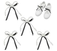 HOBBIESAY 4pcs Pearl Bow Shoe Charms with Black Lace Ribbon, 4.7 Inch, Plastic, Unisex, Classic, Bow Knot, Pearl, Shoe Decoration