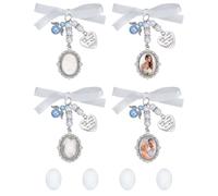 HOBBIESAY 4Pcs Wedding Bouquet Photo Charm 90mm Alloy Wedding Bouquet Pendant Decorations With Clasps and Oval Glass Cabochon Holders With Bow-Knot Styled Pendent Antique Silver for Wedding Party