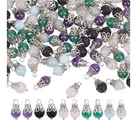 HOBBIESAY 5 Colors 80Pcs Natural Gemstone Charms 17mm Round Beads Pendants with Silver Flower Caps Mixed Stone Crystal Dangle Charms for DIY Bracelets Earring Necklace Jewelry Making,Hole:3mm