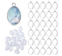 HOBBIESAY 50 Sets Oval Trays Photo Charms Cabochons Blanks Stainless Steel Pendant Cabochon Settings with Glass Cabochon for Bridal Wedding Bouquet Graduation Cap Jewelry Making