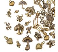 HOBBIESAY 68Pcs 17 Styles Tibetan Style Alloy Charms Alice in Wonderland Fairy Pendant Mixed Metal Pendants Beads Rabbit/Mushroom/Umbrella Antique Bronze for DIY Bracelet Bangle Necklace Earring