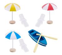 HOBBIESAY 6Pcs Tiny Beach Umbrella Decor 6Pcs Mini Beach Chair Model 1 Set Mini Boat Miniature Beach Lounger DIY Accessaries for Yard Garden Swimming Pool Furniture Craft Prop Home Decor