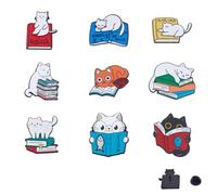 HOBBIESAY 9Pcs 9 Styles Cartoon Cat Brooch Pin Book Word Enamel Brooches Alloy Decorative Lapel Pins Mixed Color Cat Badges for Backpack Clothes Decoration 0.9-1.2 Inch with Storage Box