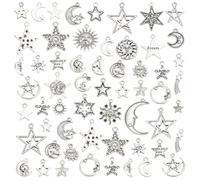 HOBBIESAY about 80Pcs Tibetan Style Alloy Sun Moon Star Charms Antique Silver Mixed Styles Pendants Celestial Charms Smile Pendant for Jewelry Making Necklace Bracelet Earring DIY Craft