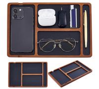 HOBBIESAY Wooden Valet Tray with Leather Inlay Wood Storage Organizer Tray Desktop Storage Organizers Edc Catch All Trays with Cable Slot for Phone Earbud Key Jewelry Table Organizers