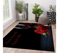 HOBBOY Black Area Rug 160 x 220 cm Romantic Red Wine Glass and Rose Pattern Door Mat for Living Room Bedroom Terrace Restaurant Low Pile Washable