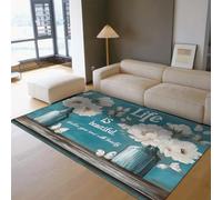 HOBBOY Blue Washable Rugs Butterfly and White Flower Vase Inspirational Quotes Decor Low Pile Floor Carpet for Bedroom Living Room Porch 60 x 90 cm