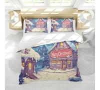 HOBBOY Christmas Town Duvet Cover Set Winter Wonderland Bedding Set 3 Pieces 1 Quilt Cover with Zipper 2 Pillowcases Cartoon Festive Decor Single