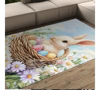 HOBBOY Festive Decor Door Mat Spring Easter Bunny & Egg Basket Print Washable Floor Rug 180 x 210 cm - White Daisies Design Non Slip Low Pile Carpets