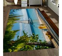 HOBBOY Green Palm Trees Area Rug Tropical Seascape with Beach Drink Pattern Thin Floor Mats for Living Room Bedroom Non Slip Washable 180 x 270 cm