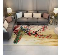 HOBBOY Ink Wash Oriental Rugs Vibrant Peacock on Plum Blossom Pattern Thin Carpet 60 x 100 cm Cloud and Sea Scenery Floor Decor for Study Room Office