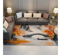 HOBBOY Lake Landscape 160 x 220 cm Area Rugs Chinese Ink Painting Autumn Bridge and Tree Print Low Pile Carpet for Living Study Room Bedroom Library