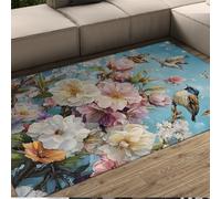 HOBBOY Low Pile Area Rugs Spring Blooming Flowers and Birds Print Door Mat for Living Room Bedroom Restaurant Patio Non Slip Washable 150 x 210 cm